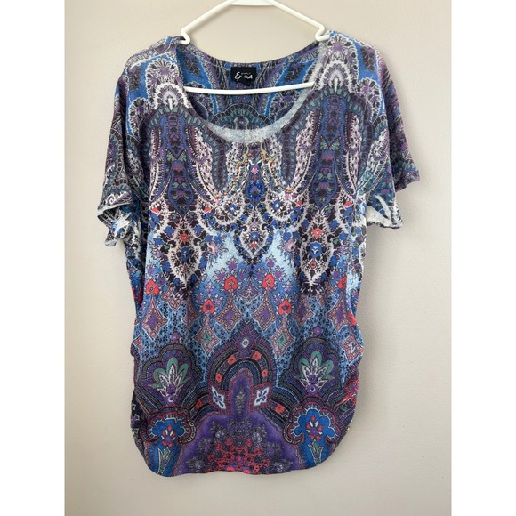 Simply Ema Tops - Y2K Simply Emma Women's Short‎ Sleeve Embellished Paisley Top Ruched Plus 1x